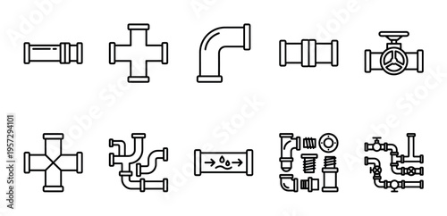 A collection of vector line art icons representing various plumbing pipe fittings, connectors, and valves on a white background.