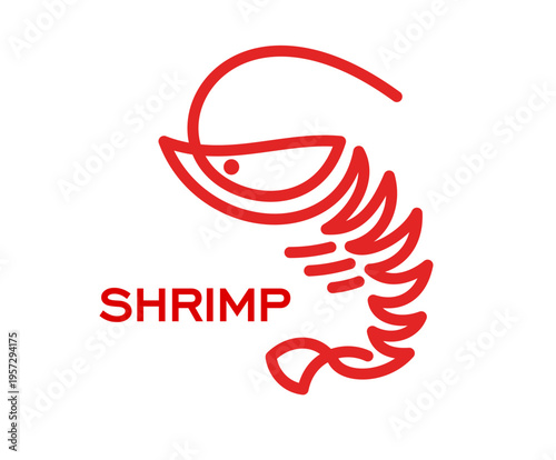 Shrimp and prawn seafood icon. Bold red linear shrimp symbol with text on white background. Vector icon for seafood restaurant, fish market, menu design and marine food business promotional material
