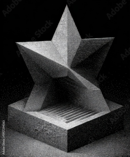 Geometric star sculpture on a pedestal with stippled texture against a black background base