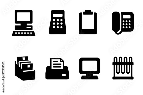 Vintage Office Icons. Early digital office setups. Filled icon set of early digital office setups: PC