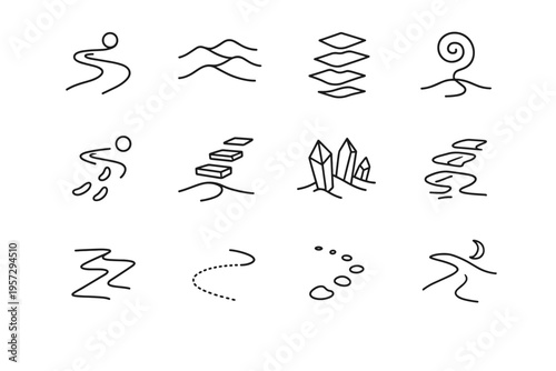 Surreal Desert Icons. Surreal desert pathways. Line outline icon set of surreal desert pathways: winding light