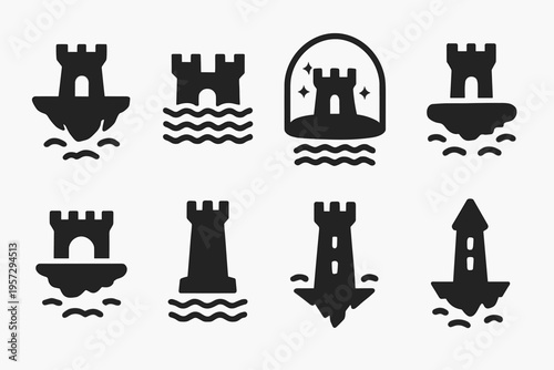 Floating Fortress Icons. Floating fortresses. Filled icon set of Floating fortresses: levitating citadel, air