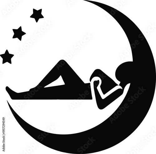 A vector illustration of a black silhouette woman in a yoga pose on a beach next to a boat in the sea with Japanese kanji calligraphy art symbols