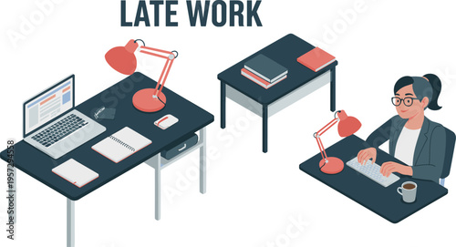 Late work concept with woman typing on keyboard at night desk workspace with lamp books and laptop illustration
