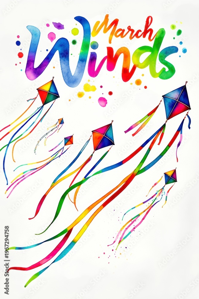 Obraz premium Colorful Kites Soaring in the March Winds with Vibrant Ribbons Creating a Cheerful Atmosphere Celebrating the Arrival of Spring.