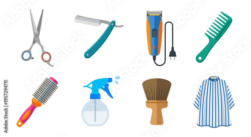 Barber shop tools including clippers scissors and a striped smock