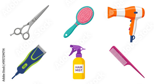 Colorful illustration of various hair styling tools and accessories