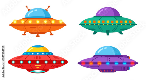 Colorful cartoon illustrations of four different alien spaceships on white