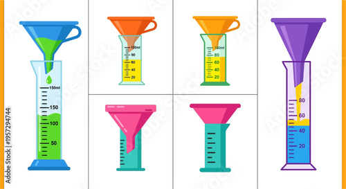Colorful funnels pouring liquids into graduated cylinders a visual experiment