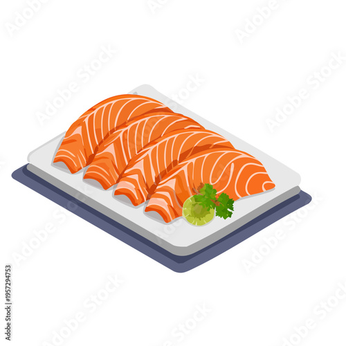 Minimalist vector isometric illustration of sashimi slices of raw salmon arranged in a fan shape on a rectangular plate