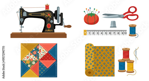 Vintage sewing machine with colorful fabric tools and patchwork designs