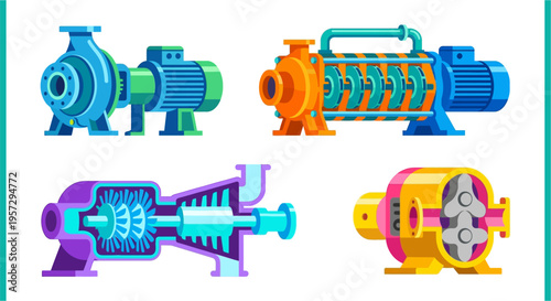 Colorful illustration of various industrial pumps and their internal components