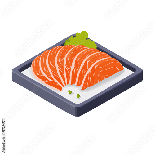 Minimalist vector isometric illustration of sashimi slices of raw salmon arranged in a fan shape on a rectangular plate
