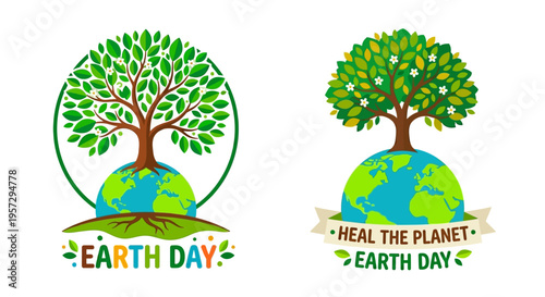 Two trees growing on globes celebrate earth day and environmental awareness