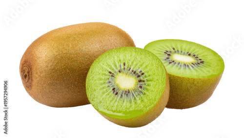 Foto Fresh green and brown kiwi fruit whole and sliced, showcasing healthy ripe tropi