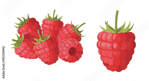 A cluster of vibrant ripe raspberries with fresh green leaves