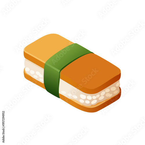 Minimalist vector isometric illustration of inari sushi, a glossy brown fried tofu pouch stuffed with rice