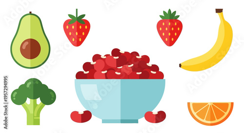 Colorful assortment of fruits and vegetables in a flat lay style