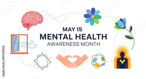May is mental health awareness month with floral and brain imagery