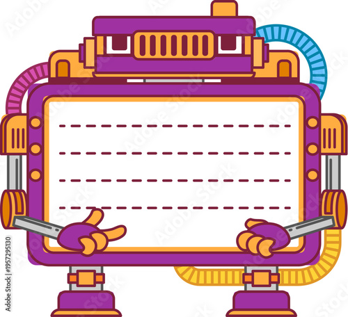 Robot and droid kids memo note frame. Vector cute border with retro machine character holding blank board with lines for kids learning, note reminders and writing practice. Friendly educational bot