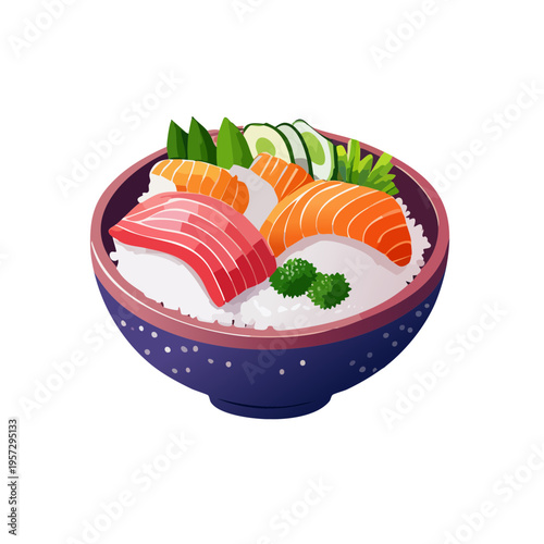 Isometric vector illustration of chirashi sushi, a shallow round bowl containing scattered sashimi slices, seasoned rice, shredded omelet, and vegetables