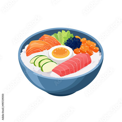 Isometric vector illustration of chirashi sushi, a shallow round bowl containing scattered sashimi slices, seasoned rice, shredded omelet, and vegetables
