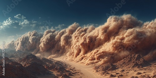 Massive sandstorm engulfing desert landscape with rugged terrain and blue sky weather