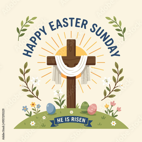 Easter Sunday Vector Illustration with Christian Cross, Spring Flowers and Eggs on Green Hill