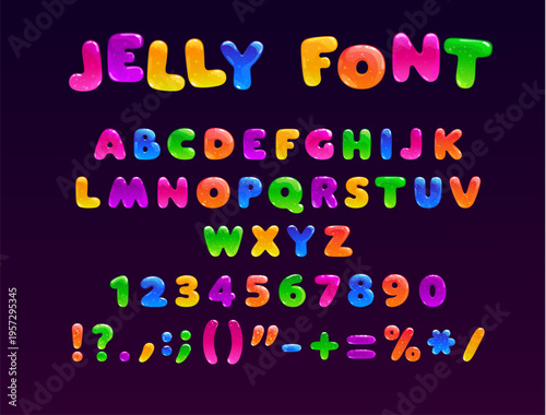 Fruit jelly font or sweet dessert alphabet letters and glossy sugar candy typeface, cartoon vector ABC. Jelly font with plump, bouncy characters, 3D glossy sugar font and English alphabet of marmalade