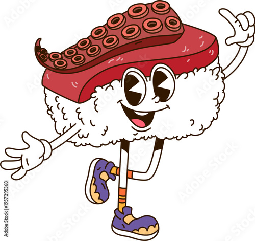 Groovy Japanese sushi character with funny face and happy smile, vector cartoon food emoji. Groovy sushi character or nigiri tako with cool gesture for good mood and positive vibes or Y2K emoticon