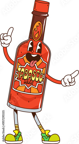 Groovy sauce character with funny face and smile, cartoon vector comic personage. Groovy tabasco sauce bottle with happy smile and silly tongue out expression as freaky character in retro cartoon