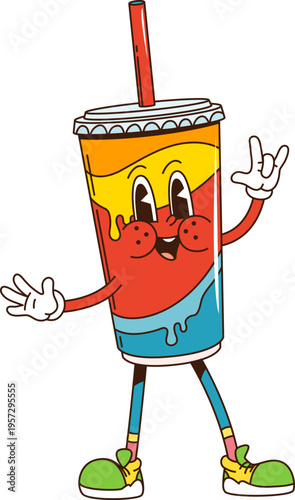 Groovy movie or cinema entertainment character of soda drink with funky face, cartoon vector. Groovy funny soda drink cup with drinking straw and happy smile for movie cinema retro cartoon character
