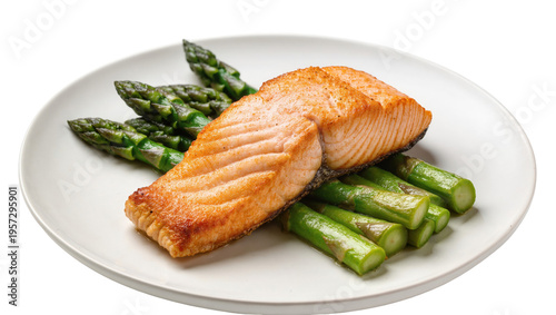 Quadro em tela Delicious pan-seared salmon fillet with fresh green asparagus on a white plate, healthy meal closeup