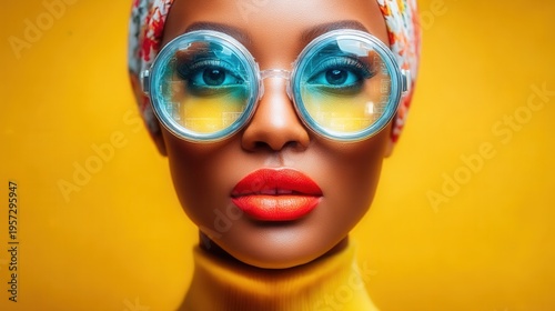 A vibrant portrait of a woman wearing glasses with colored lenses and expressive makeup on a yellow background.