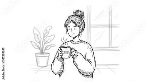 Cozy morning routine with a smiling woman enjoying a warm drink by the window, hand-drawn illustration