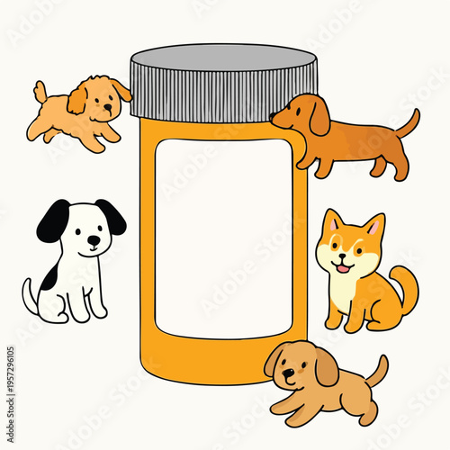 Adorable puppies of various breeds happily gather around a large, empty prescription pill bottle, symbolizing pet health and veterinary care needs.
