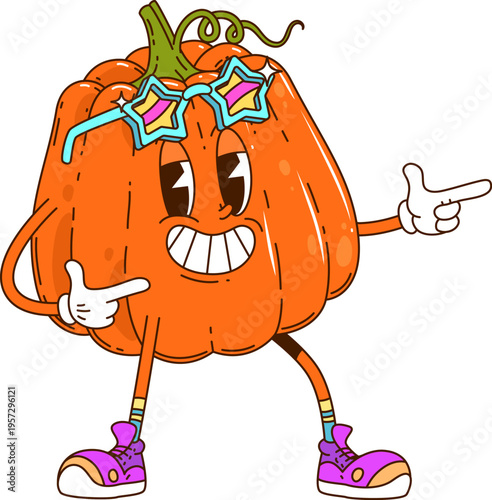 Cartoon ripe funky groovy pumpkin vegetable character with a joyful expression and star shaped sunglasses , embodying festive hippie spirit. Isolated vector ripe fresh pumpkin gourd y2k food personage