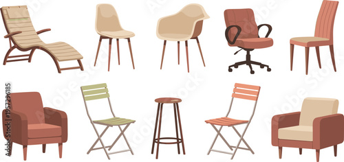 Modern furniture and seating vector collection with ergonomic office chairs armchairs dining chairs outdoor folding chairs and chaise longue for interior design and home decor.