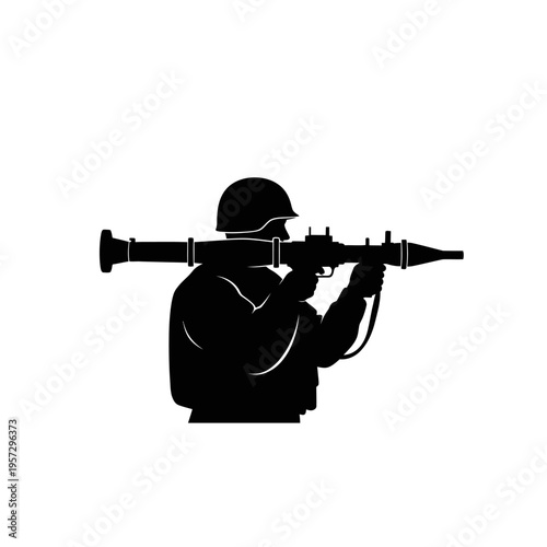 Silhouette of Soldier Aiming Bazooka Launcher Weapon in Black and White.