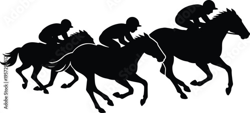 Dynamic silhouette of four jockeys on horseback racing forward, capturing the excitement and speed of a competitive equestrian event
