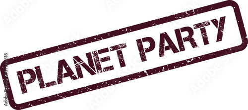 Planet Party red grunge rubber stamp symbol for global celebration and festive gatherings