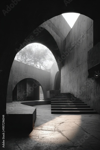 Monochromatic Brutalist Architecture With Arches And Sunlight Through Trees concrete