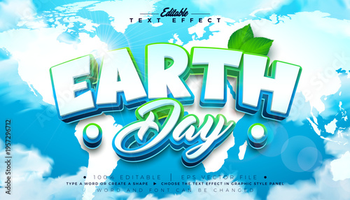 Earth Day Text Effect Design Editable Vector Graphic Style with Natural Leaf and 3D Typography Lettering on Blue Cloudy Sky Background. April 22 Environmental and Eco Concept Design for Banner