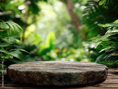 Natural Stone Pedestal Platform Surrounded by Lush Green Tropical Jungle Foliage nature forest