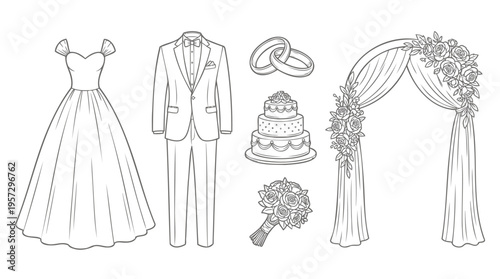 Elegant line art collection of essential elements for a traditional wedding ceremony, including attire, rings, cake, and arch decor