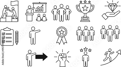 Business management and motivation line icons set showing leadership team performance and excellence