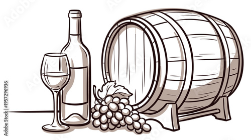 Classic illustration depicting the rich essence of winemaking, showcasing a wooden barrel, elegant wine bottle, full glass, and fresh grapes, perfect for beverage and culinary themes
