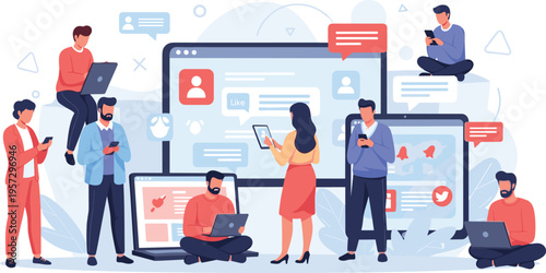 Digital networking and mobile application interface vector illustration with diverse people using smartphones and laptops for online community engagement and business software marketing landing pages.
