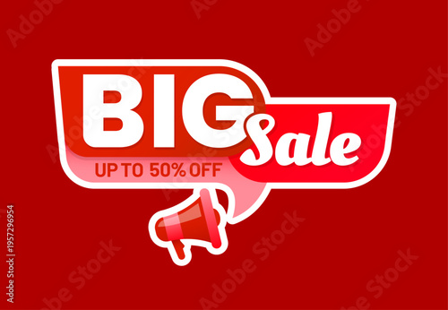 Sale tag icon and offer label or deal sticker for special offer and price discount, vector badge. Big sale icon with megaphone and price cut down up to 50 percent for shop promotion or store promo ad