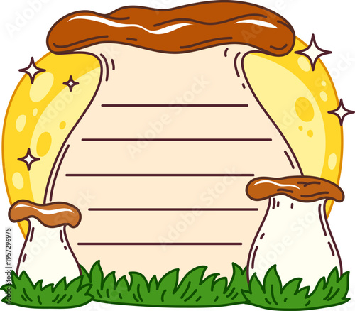 Kids memo note frame with forest mushrooms for message sticker, cartoon vector. Fairy magic forest and mushrooms on green grass field for kids memo note or adhesive post, daily agenda memo planner